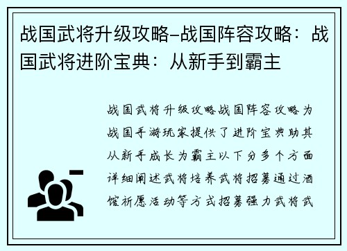 战国武将升级攻略-战国阵容攻略:战国武将进阶宝典:从新手到霸主