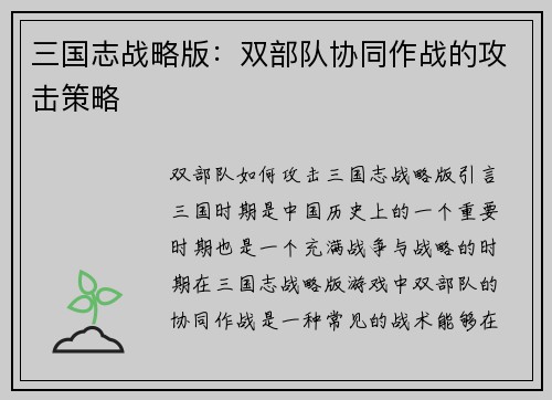 三国志战略版:双部队协同作战的攻击策略